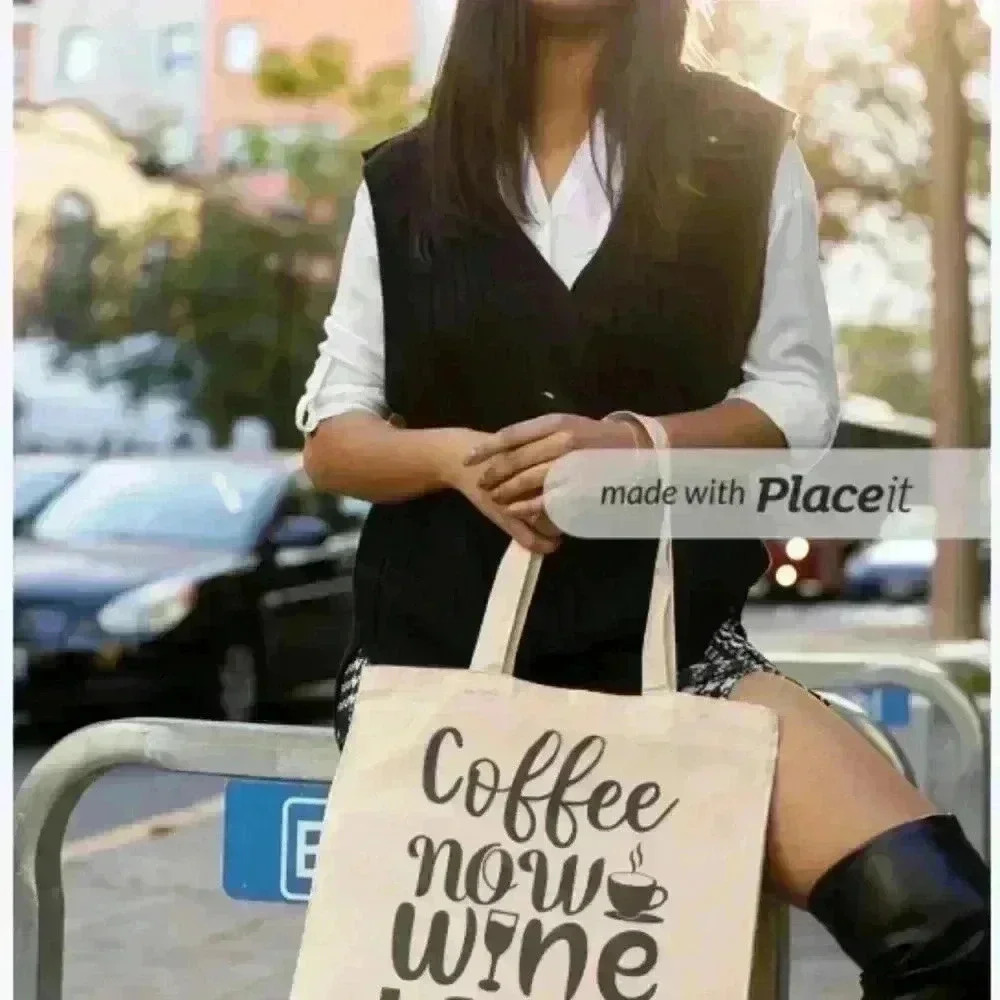 Coffee now wine later  funny sayings recycled tote bag - Picture 2 of 3